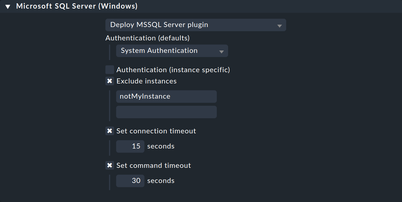 Possible settings for the MSSQL Server in the Agent Bakery.