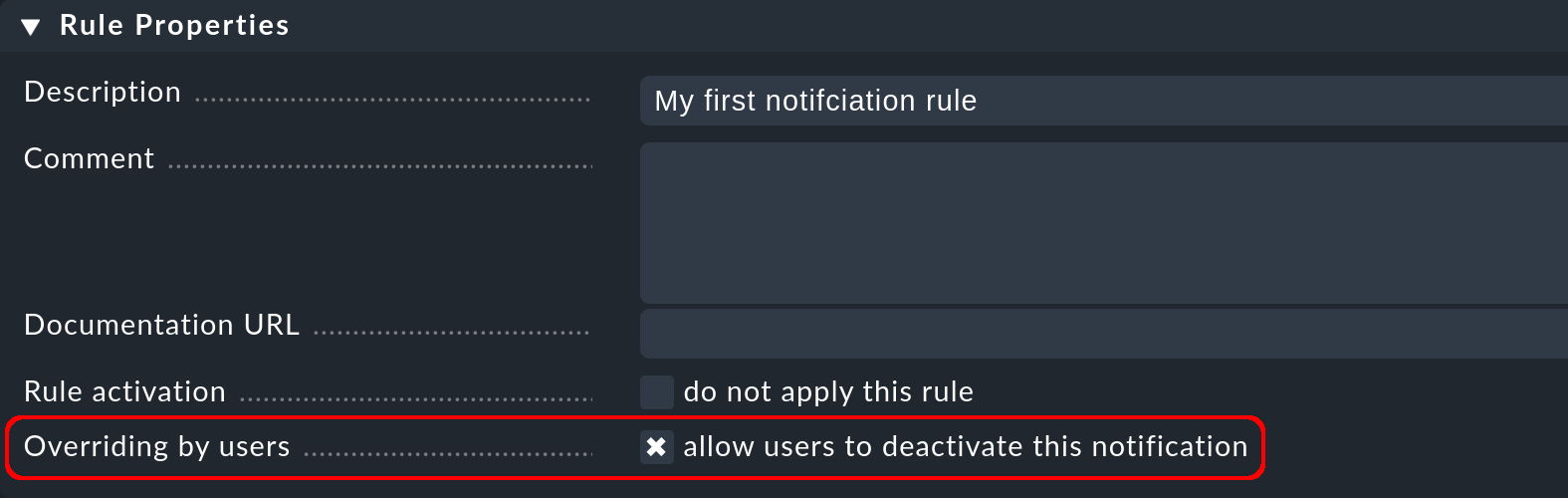 Regel mit der Option zur Aktivierung der Abschaltung von Benachrichtigungen durch Benutzer.