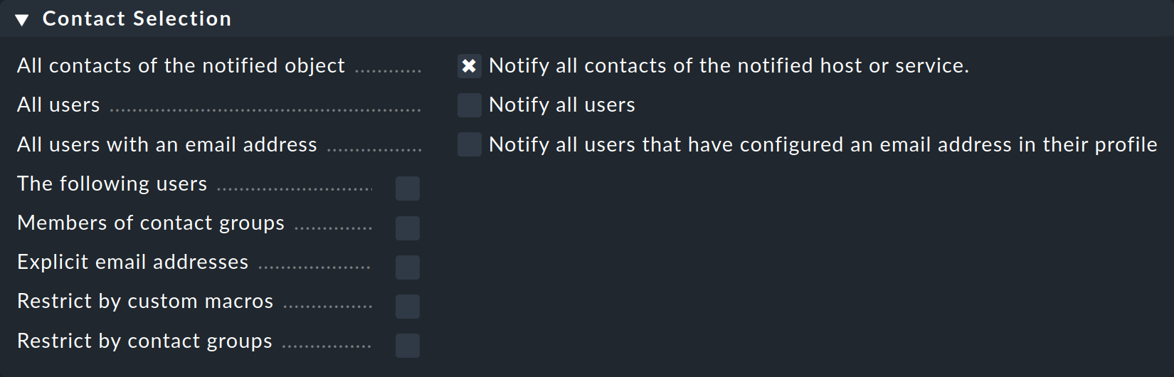 Rule with contact selection options.