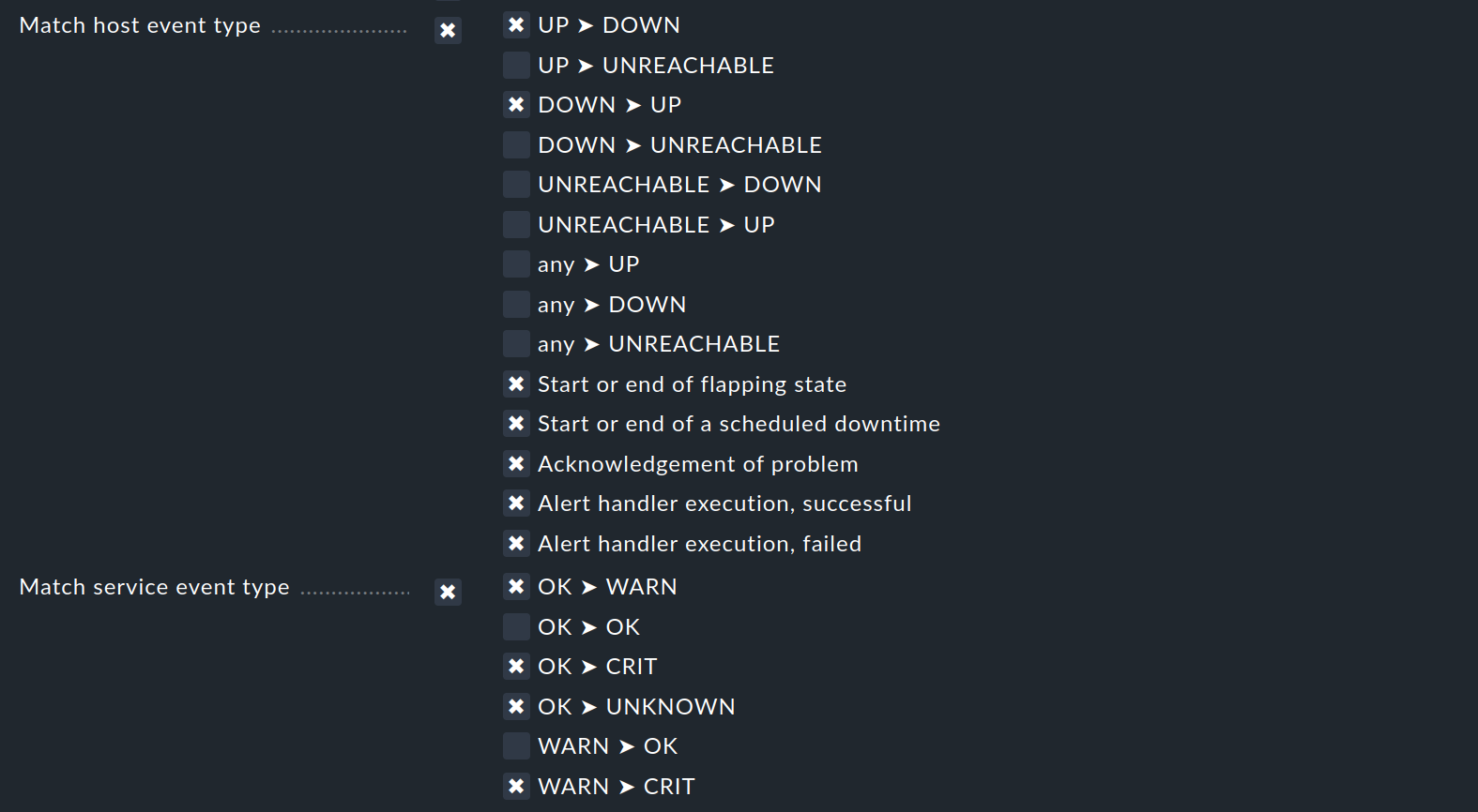 The conditions 'Match host event type' and 'Match service event type'.