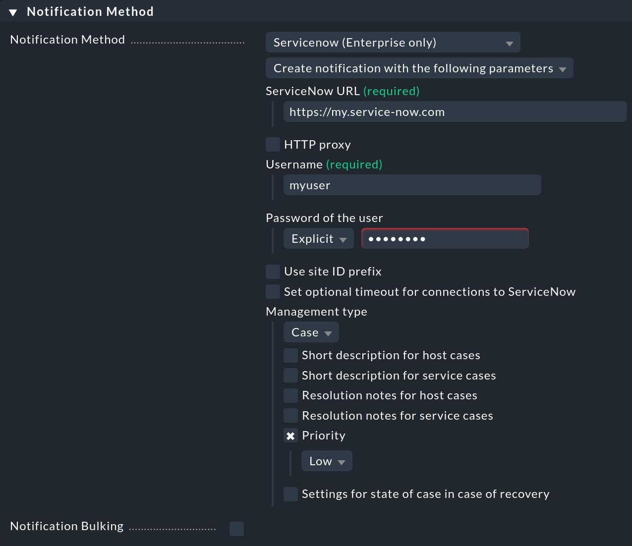 Die Einstellungen zur Benachrichtigungsmethode für den Typ Case bei ServiceNow.