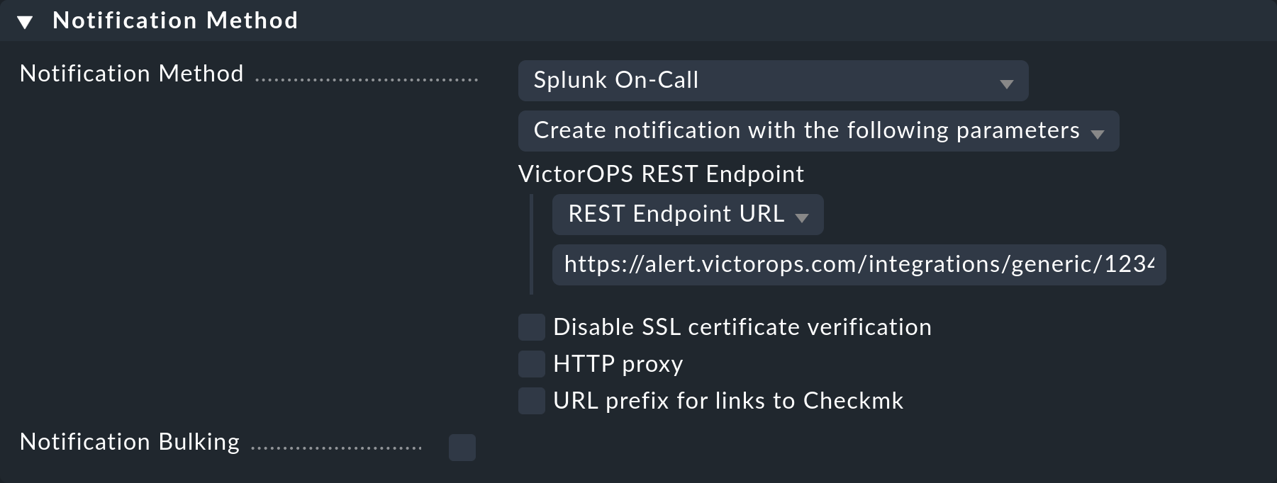 Die Einstellungen zur Benachrichtigungsmethode für Splunk On-Call.