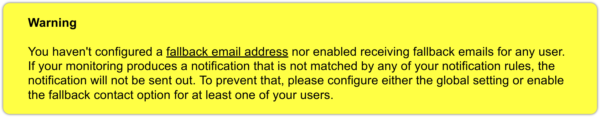 Warning that no fallback email address is stored.