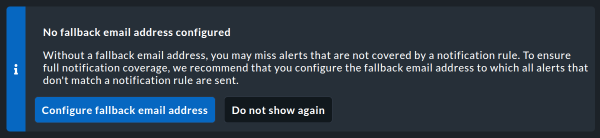 Warnhinweis, dass keine Fallback-E-Mail-Adresse hinterlegt ist.
