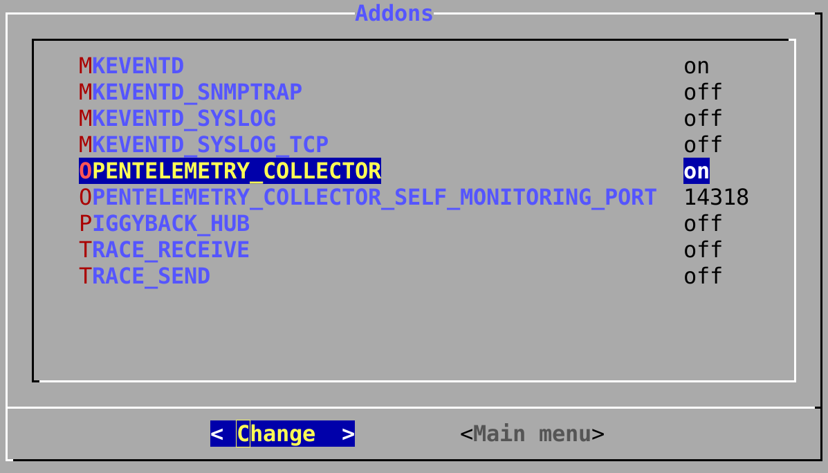 'omd config'-configuration menu for switching on the OpenTelemetry collector.