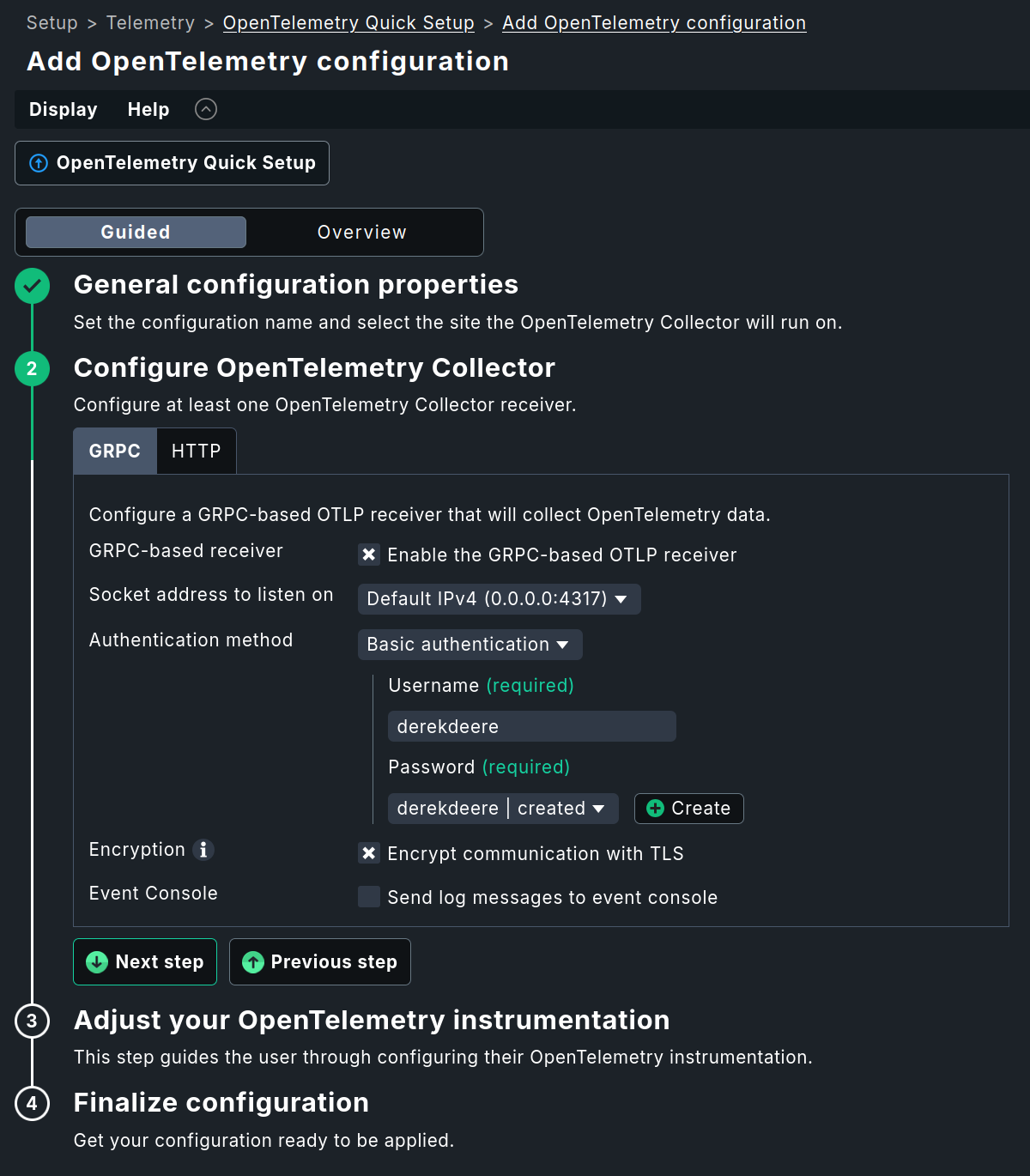 The OpenTelemetry setup wizard with the step for configuring the GRPC receiver open.