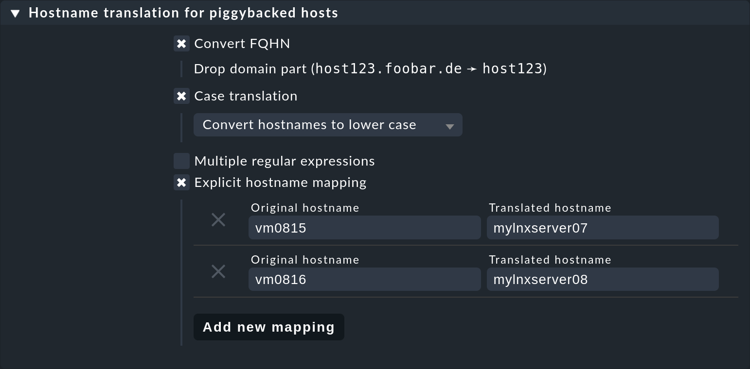 Optionen der 'Hostname translation', Entfernen des Domain-Parts, Umwandlung nach Kleinbuchstaben oder explizites Mapping.