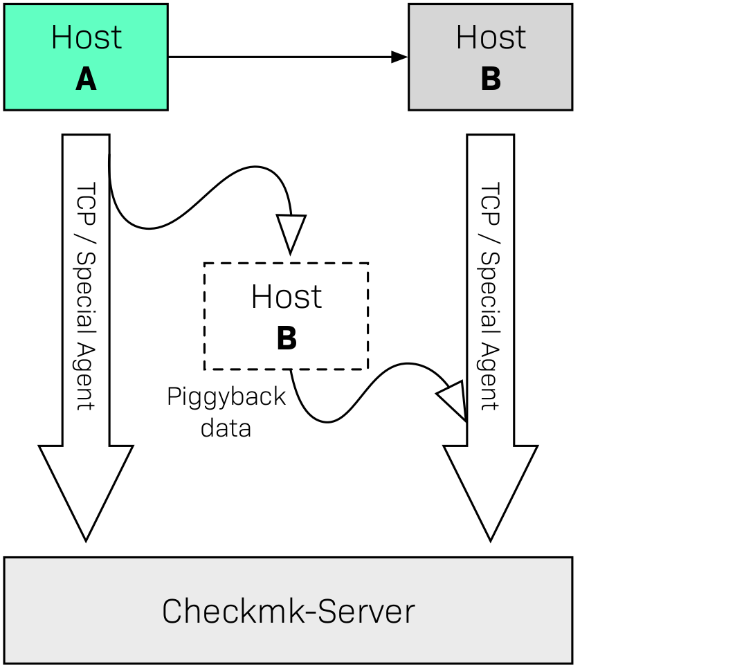 Schematic representation of combined data forwarding: part of the data comes via Piggyback, the rest directly from the monitored host.