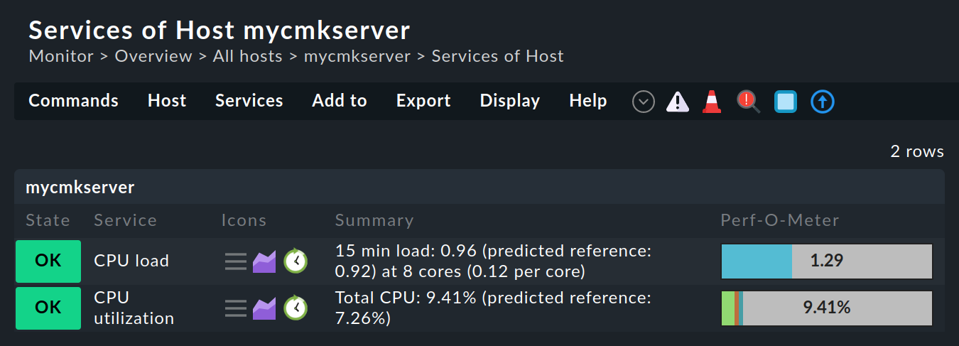 Service list with two entries and icons to display the prediction graph.