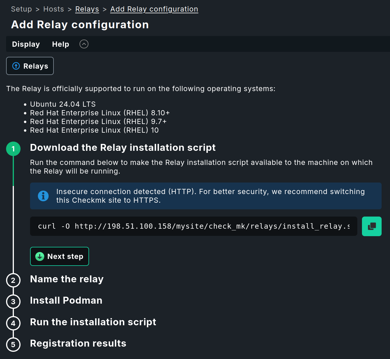 Quicksetup for a new Relay showing the first step with a curl command to download the installation script