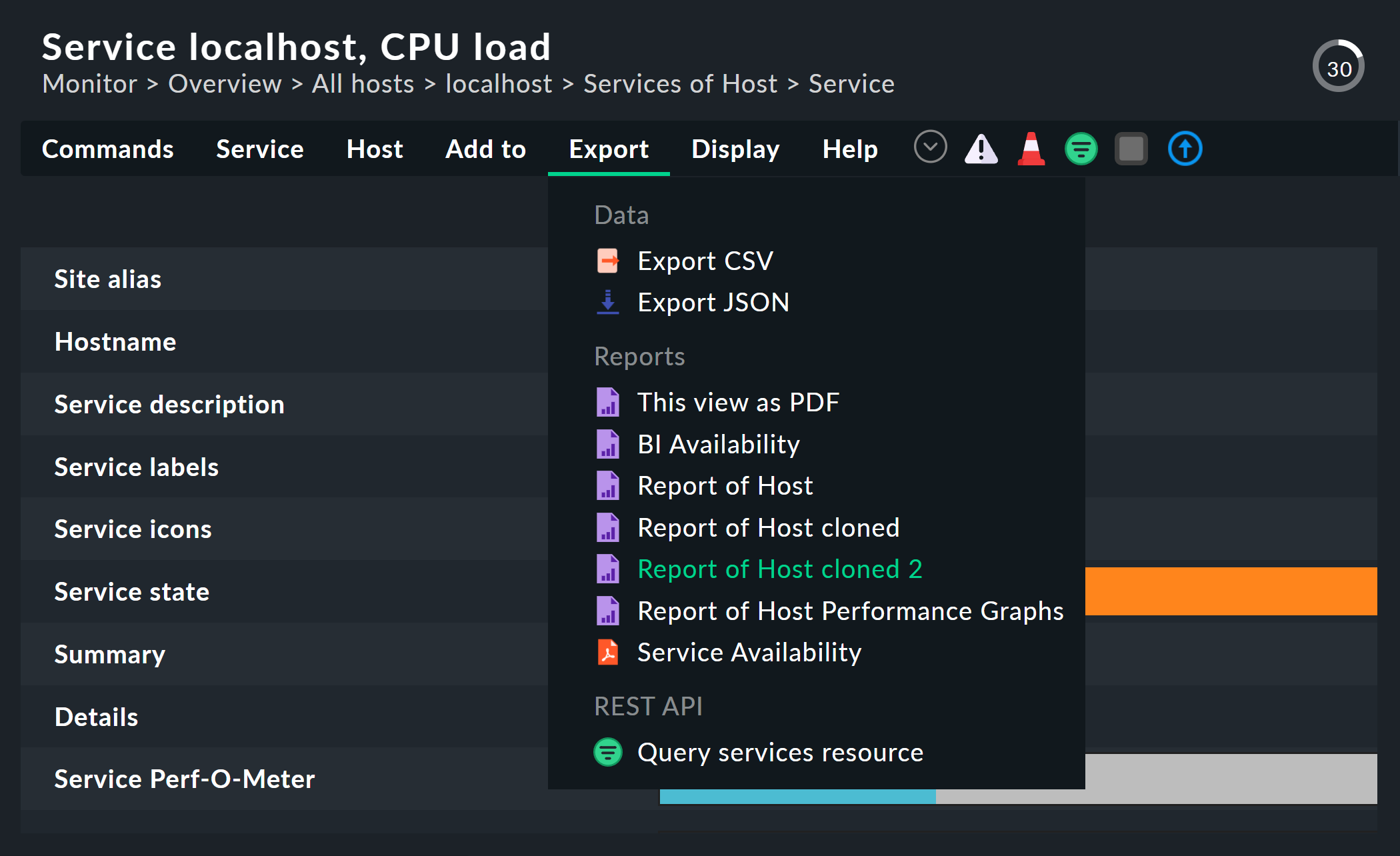 List of reports in Export menu.