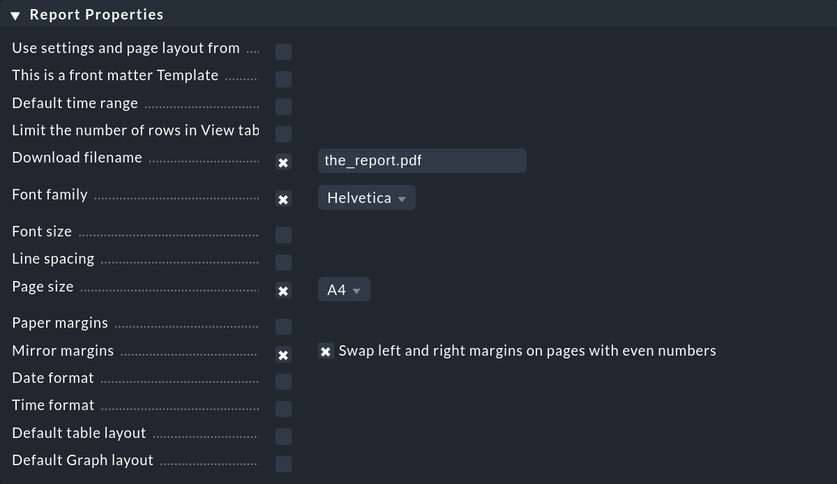 Report layout preferences form.