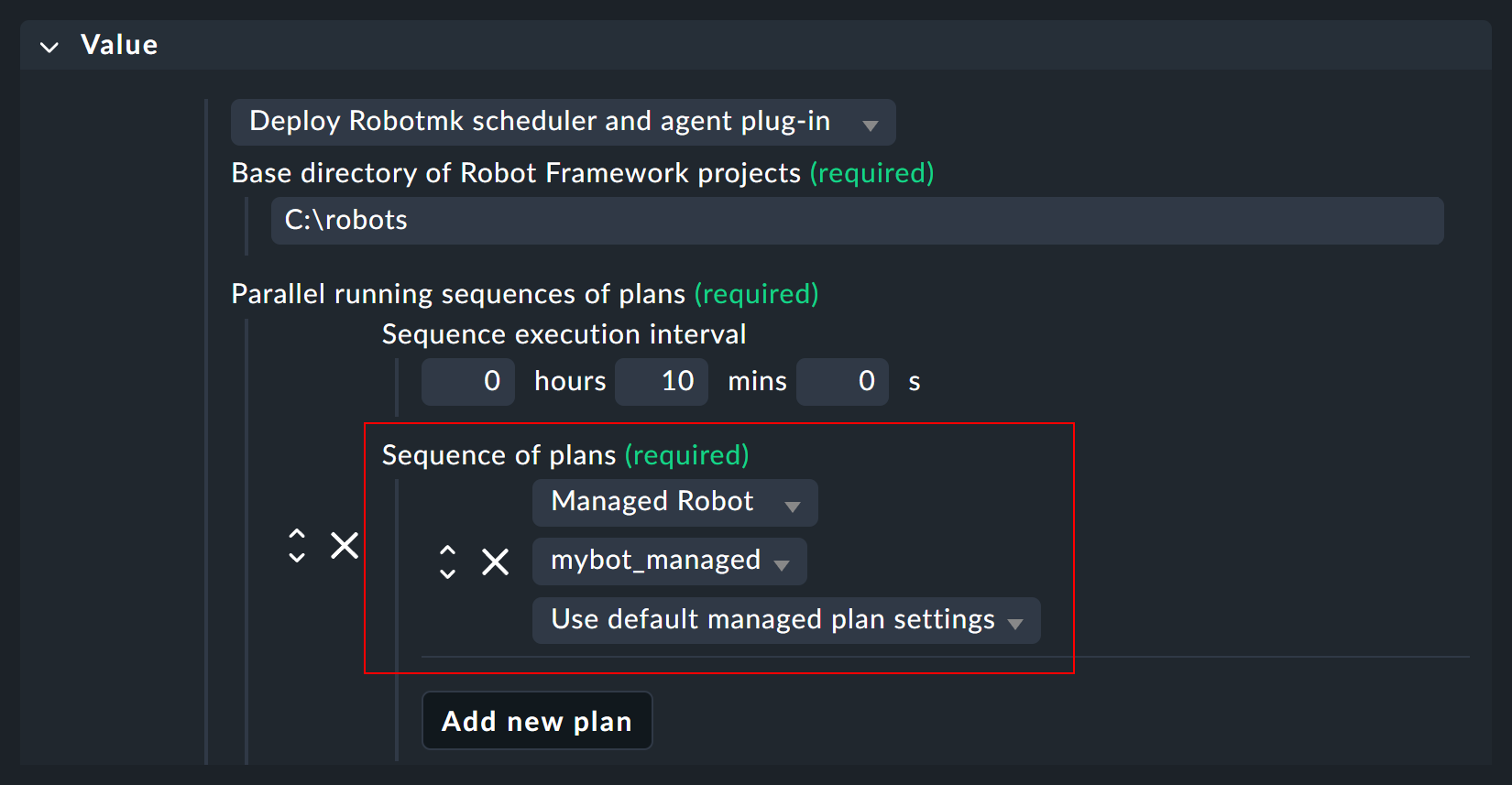 Configuration of the scheduler with a managed robot.