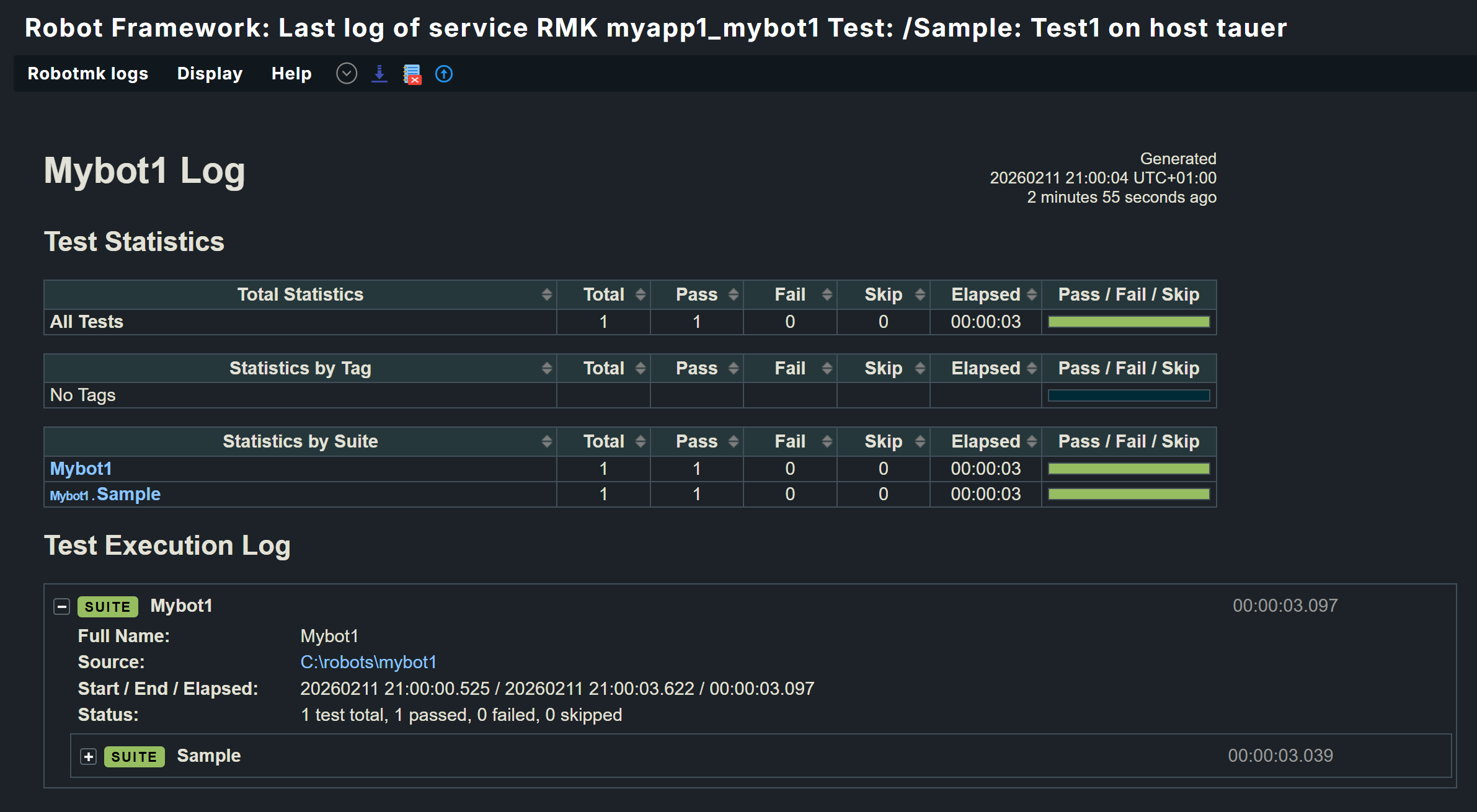 Robot-Framework-Bericht für Test-Suite 'Mybot1'.
