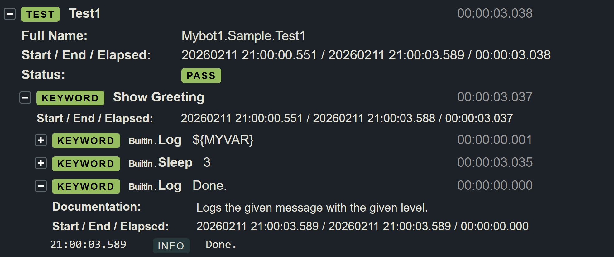 Robot-Framework-Bericht auf Ebene der Keywords.