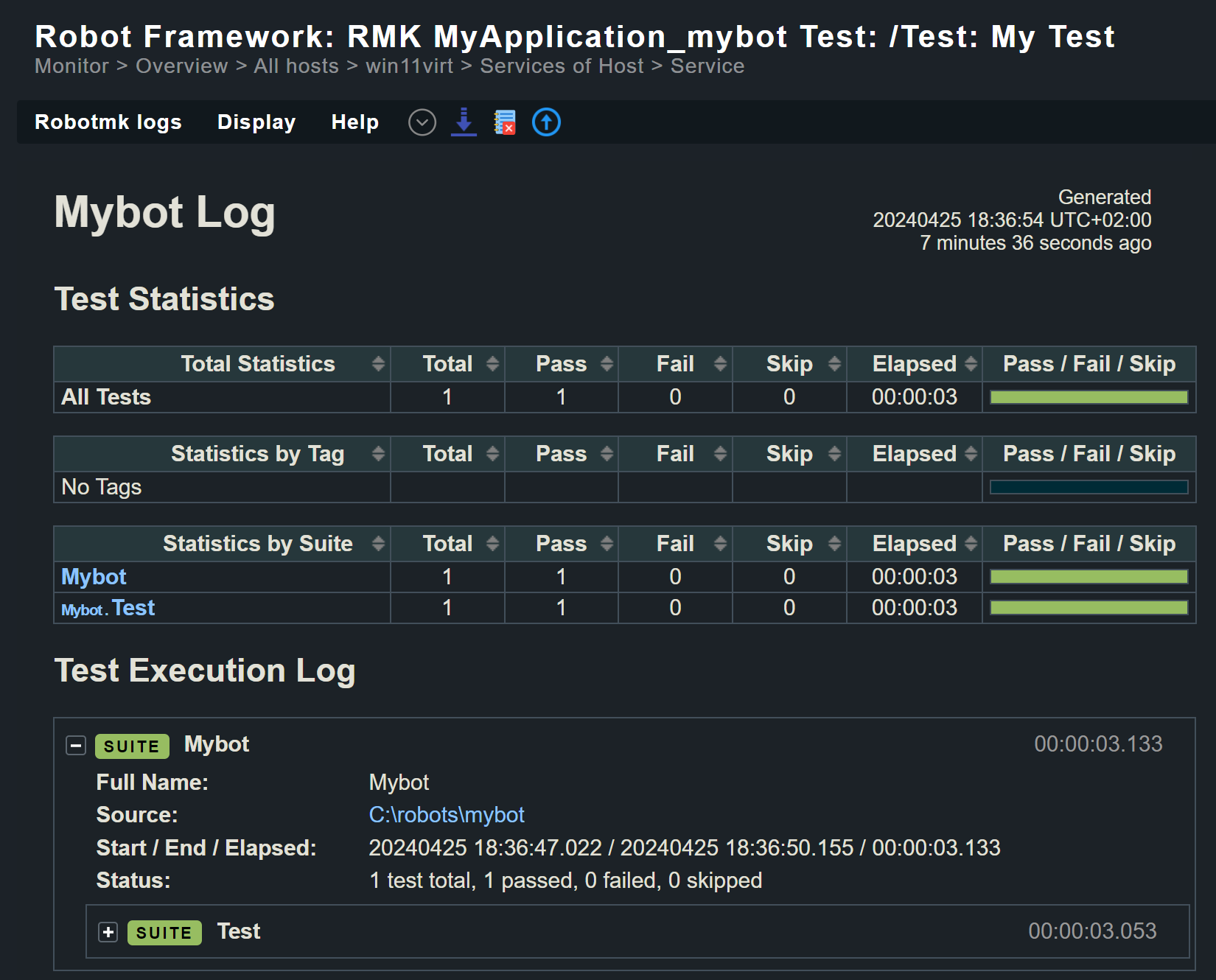 Robot framework report for 'Mybot' test suite.