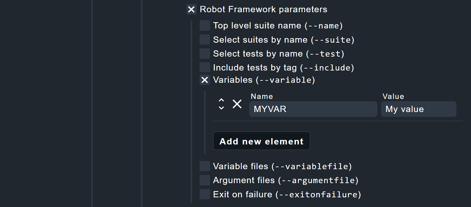 Command line parameters of Robot Framework.