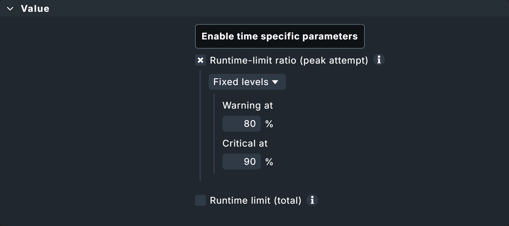 Konfigurationsdialog für Grenzwerte für Laufzeiten von Test-Suites.