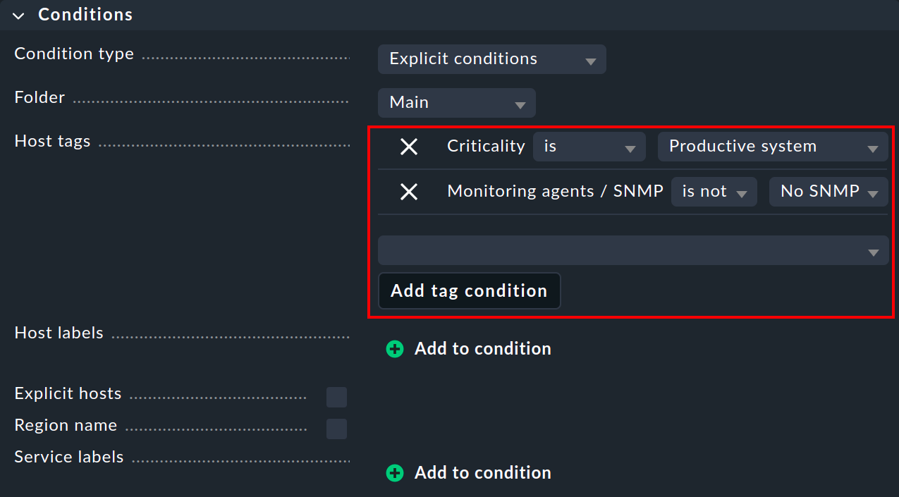 Specifying multiple host tags in one condition.