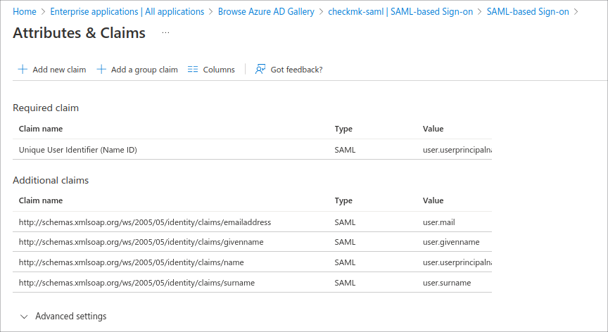 View of user attributes in Azure AD.