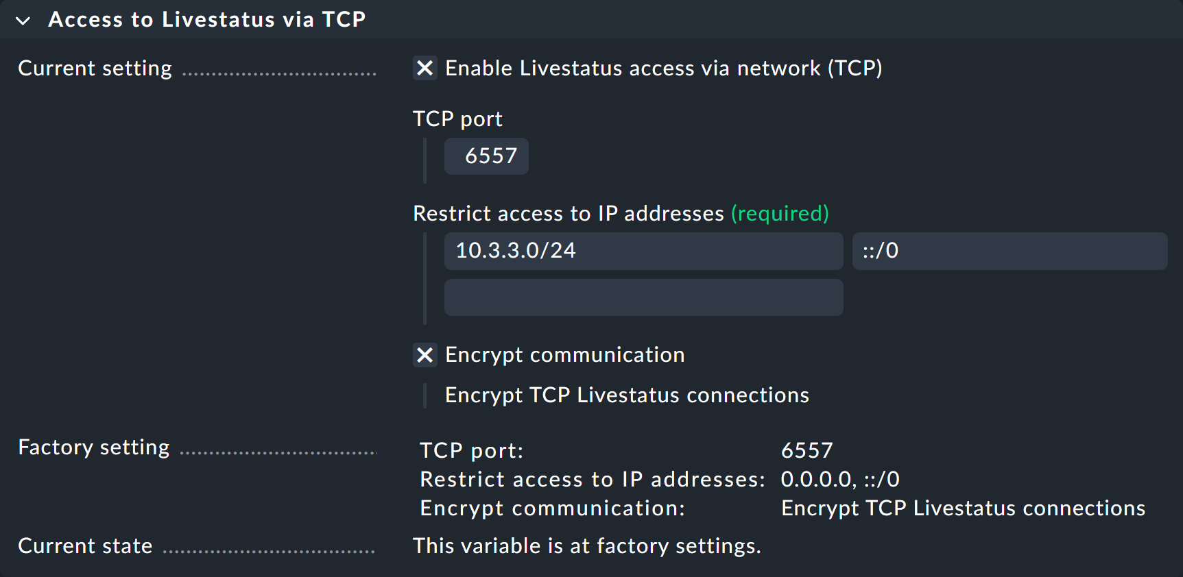 Einstellung für erlaubte IP für Livestatus-Zugriff.
