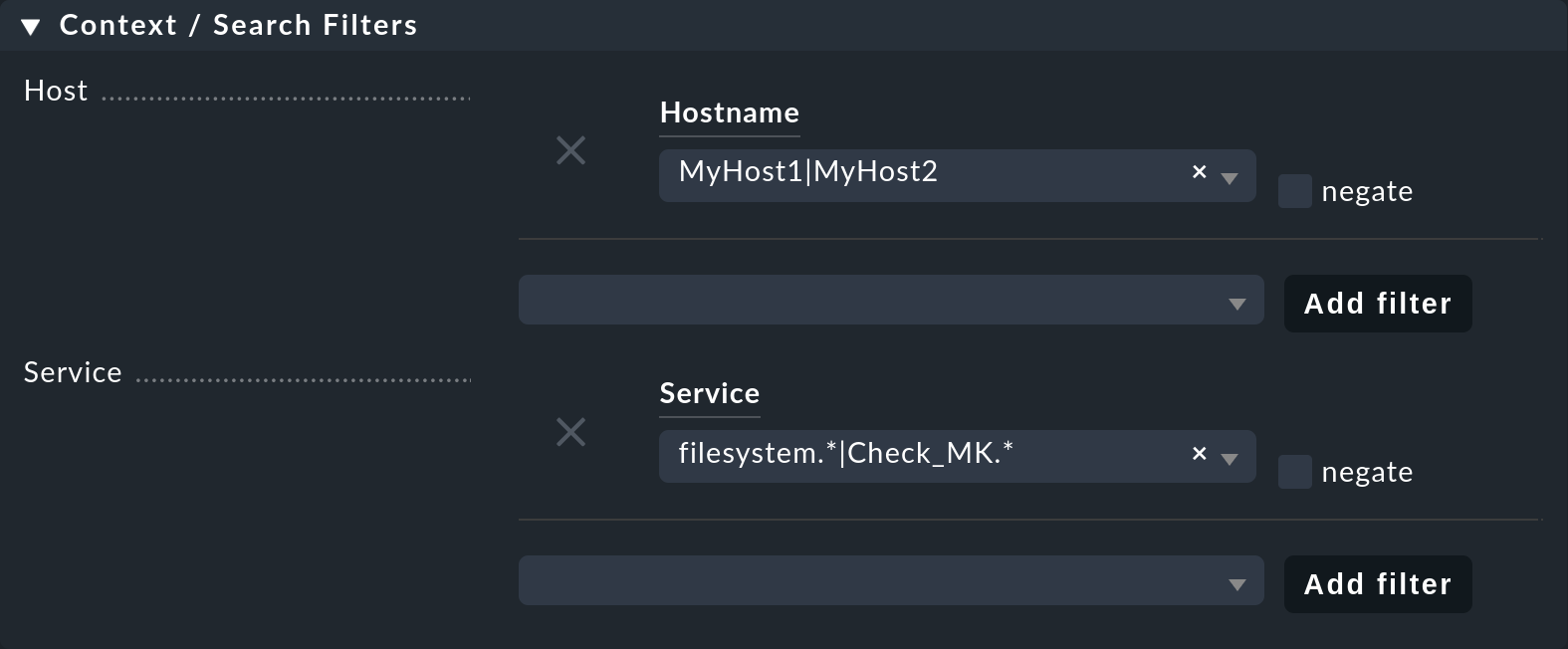 Filter selecting hosts and services for the view.