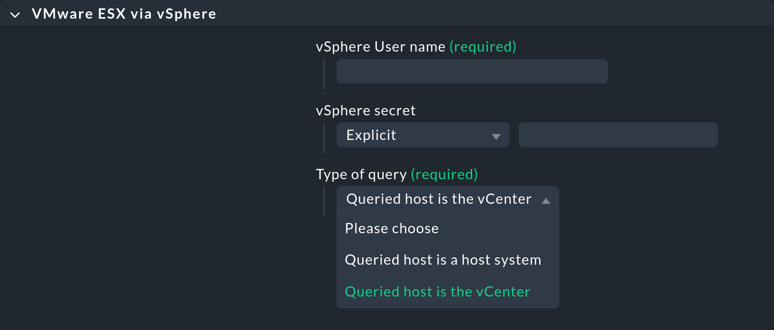 Query option types in the VMware ESXi configuration.