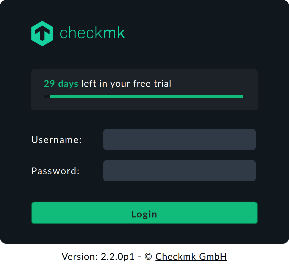 Checkmk-Anmeldedialog für die Cloud Edition im Lizenzstatus ’Trial’.