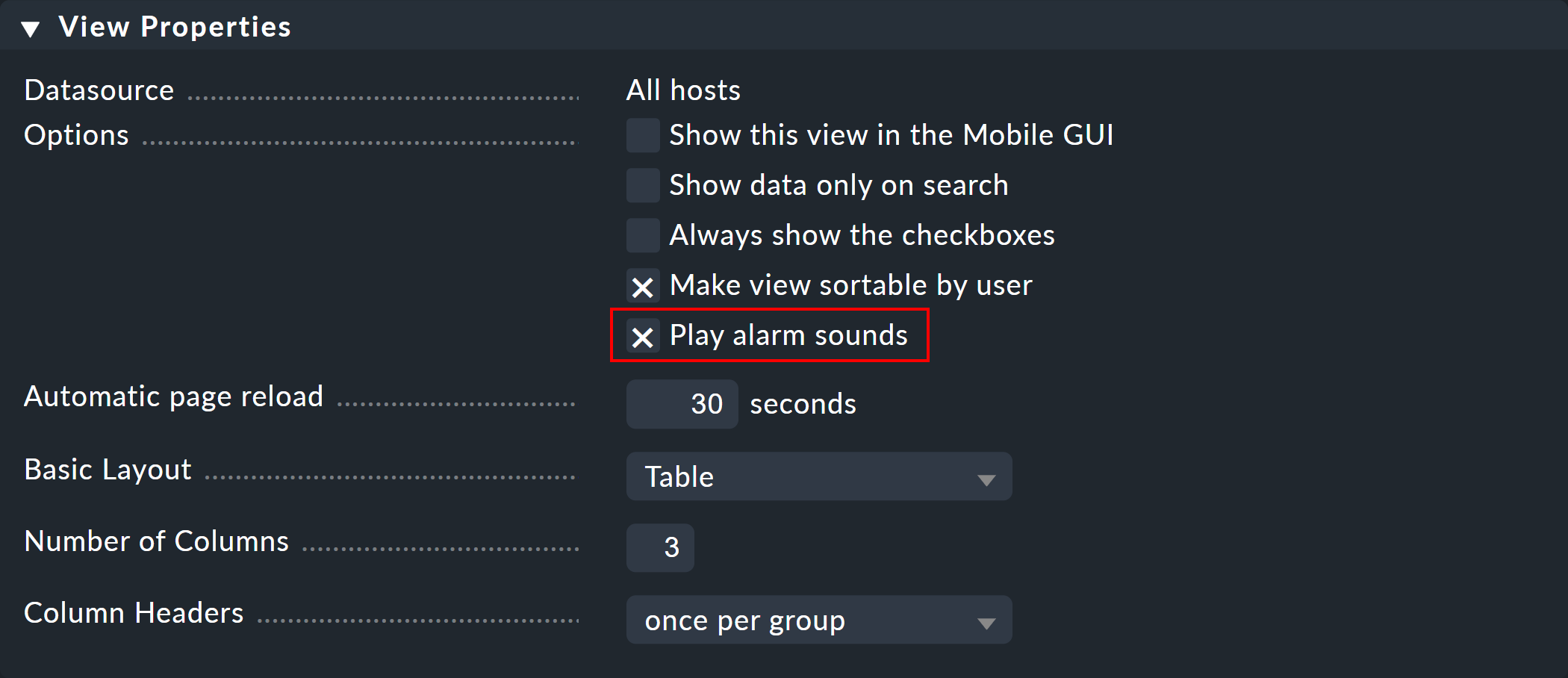 Activation of alarm sounds in a view.