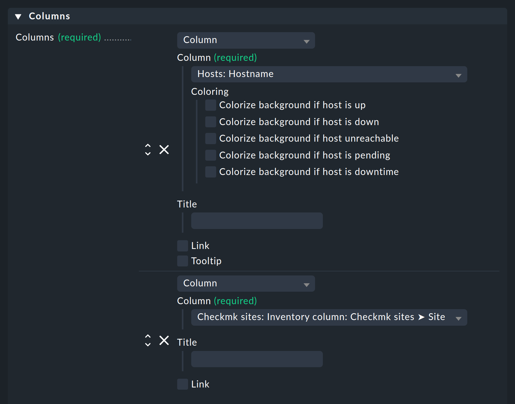 Dialog for selecting the columns.