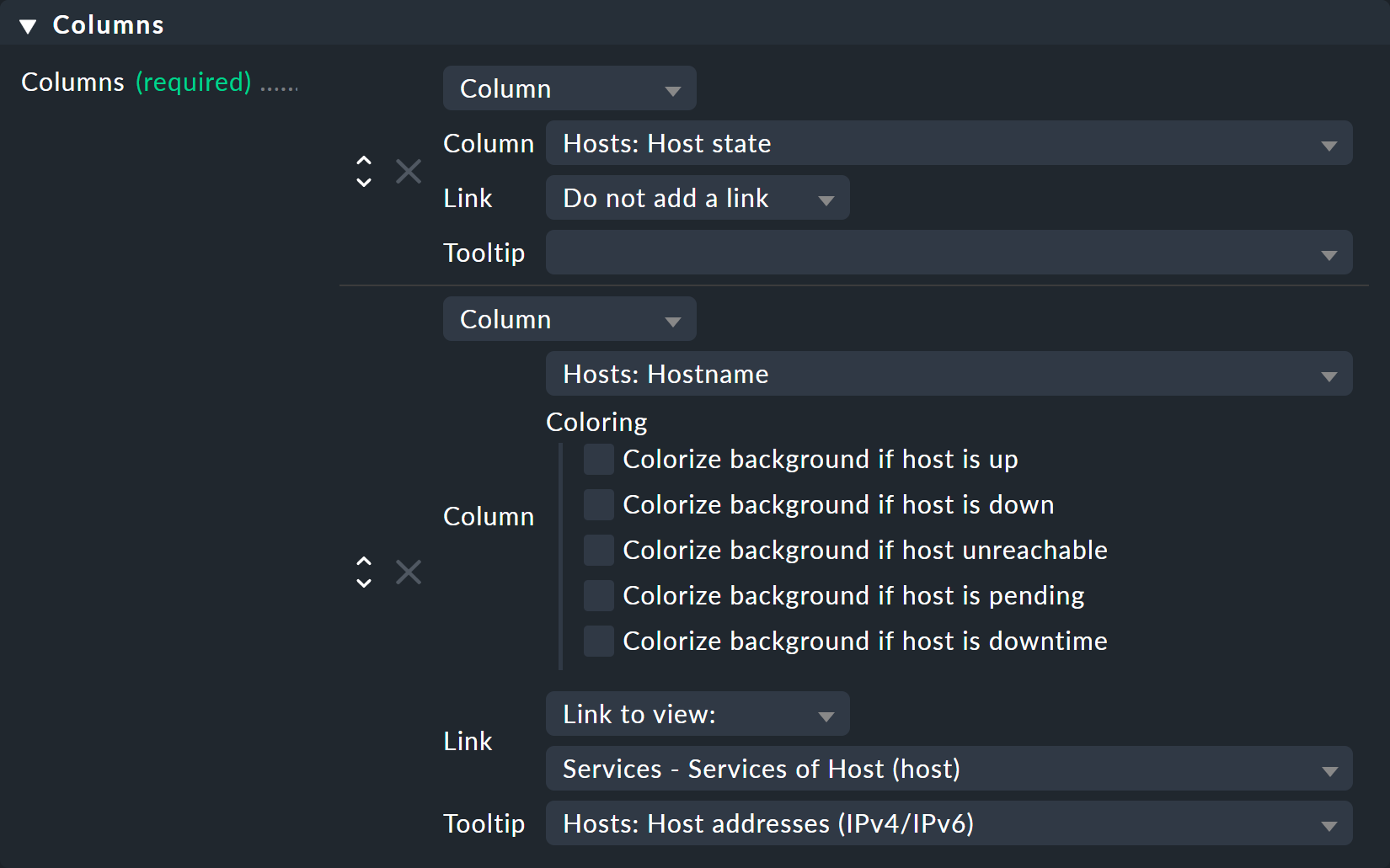 Properties for the view columns.