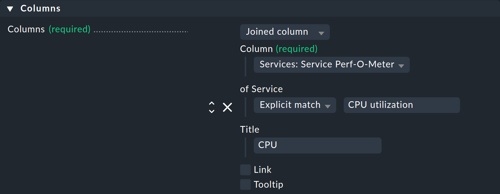 Properties of a 'Joined column' with explicit specification of the service.