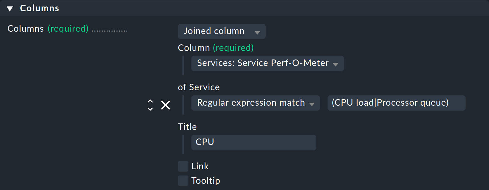 Properties of a 'Joined column' with regular expression for the service.