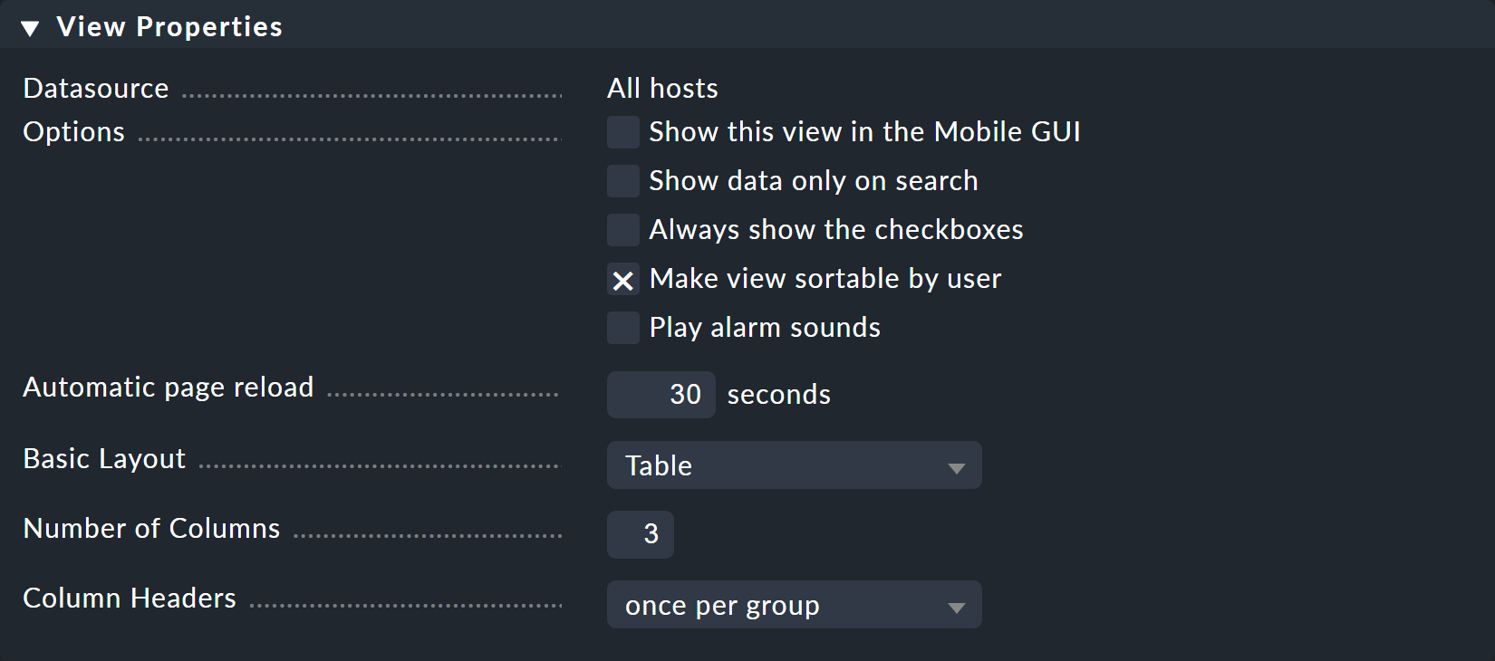 Specific properties of the view.