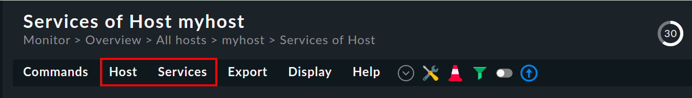 Menüleiste der Ansicht 'Services of Host'.