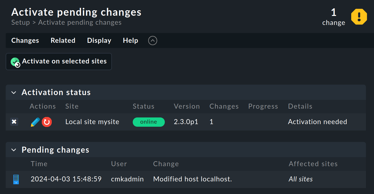 List of pending changes for activation.