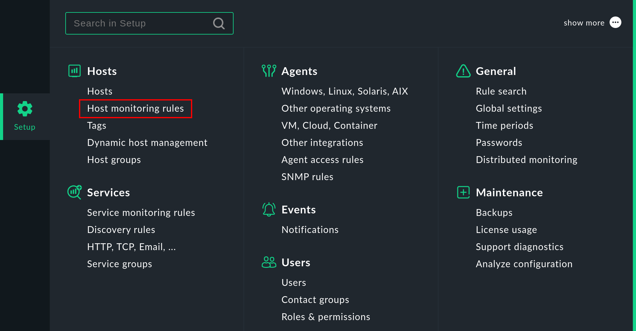 Setup-Menü mit Fokus auf die 'Host monitoring rules'.