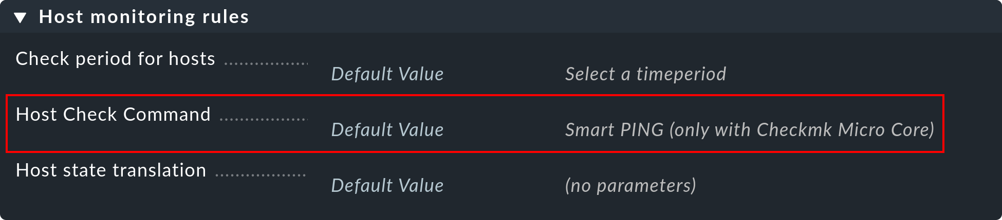 Anzeige für das 'Host check command' mit dem Standardwert.