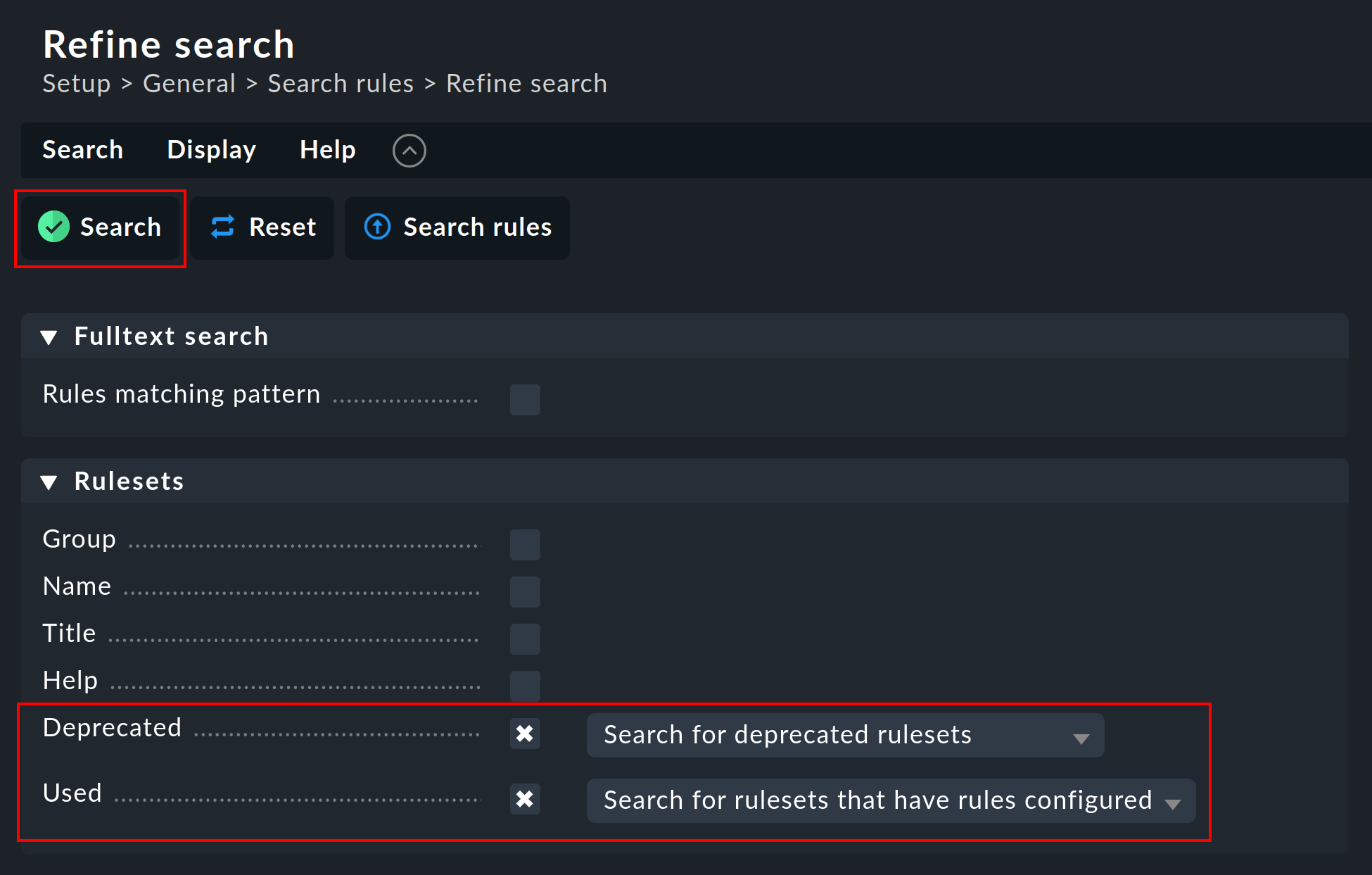 Options to search for deprecated rule sets.