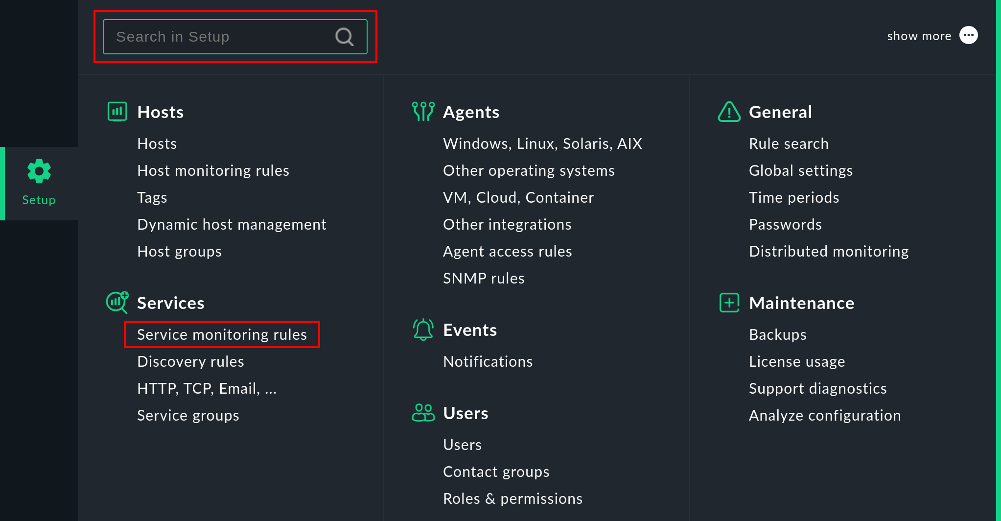 Setup-Menü mit Fokus auf die 'Service monitoring rules' und das Suchfeld.