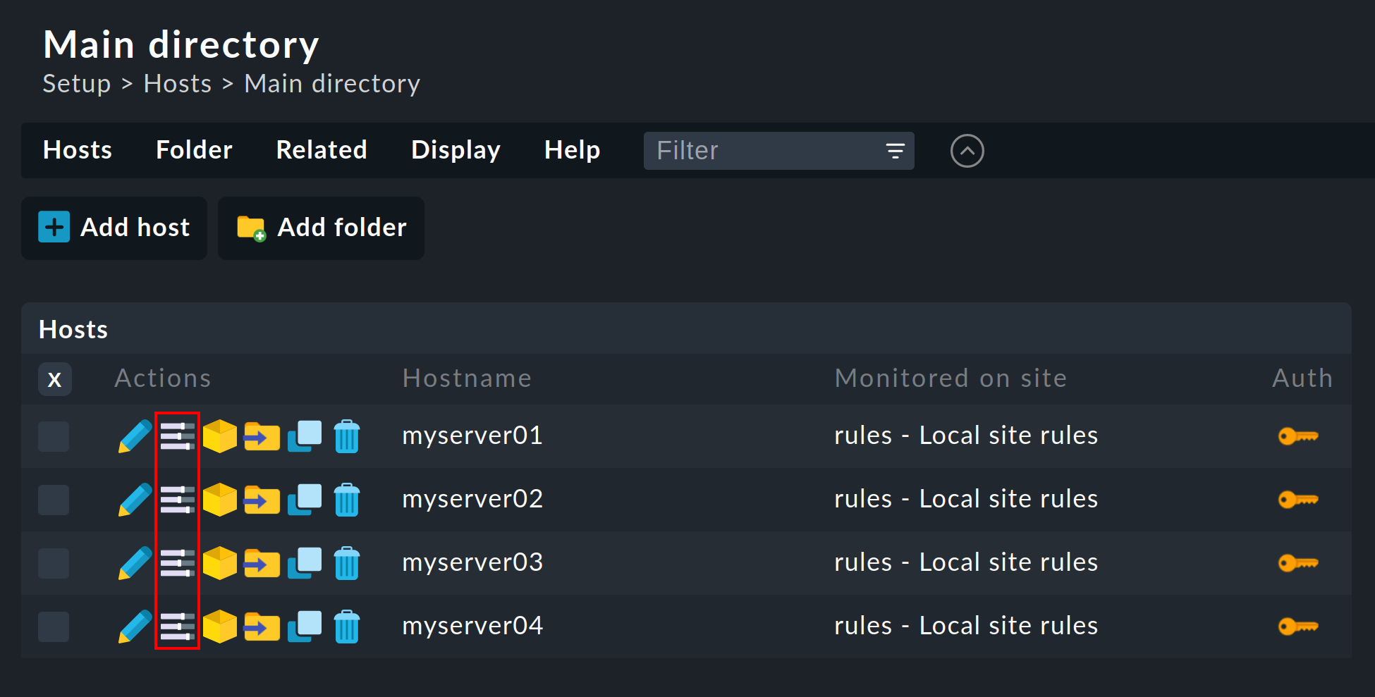 Liste einiger Hosts im Setup-Menü mit Hervorhebung des Knopfes für Host Parameter