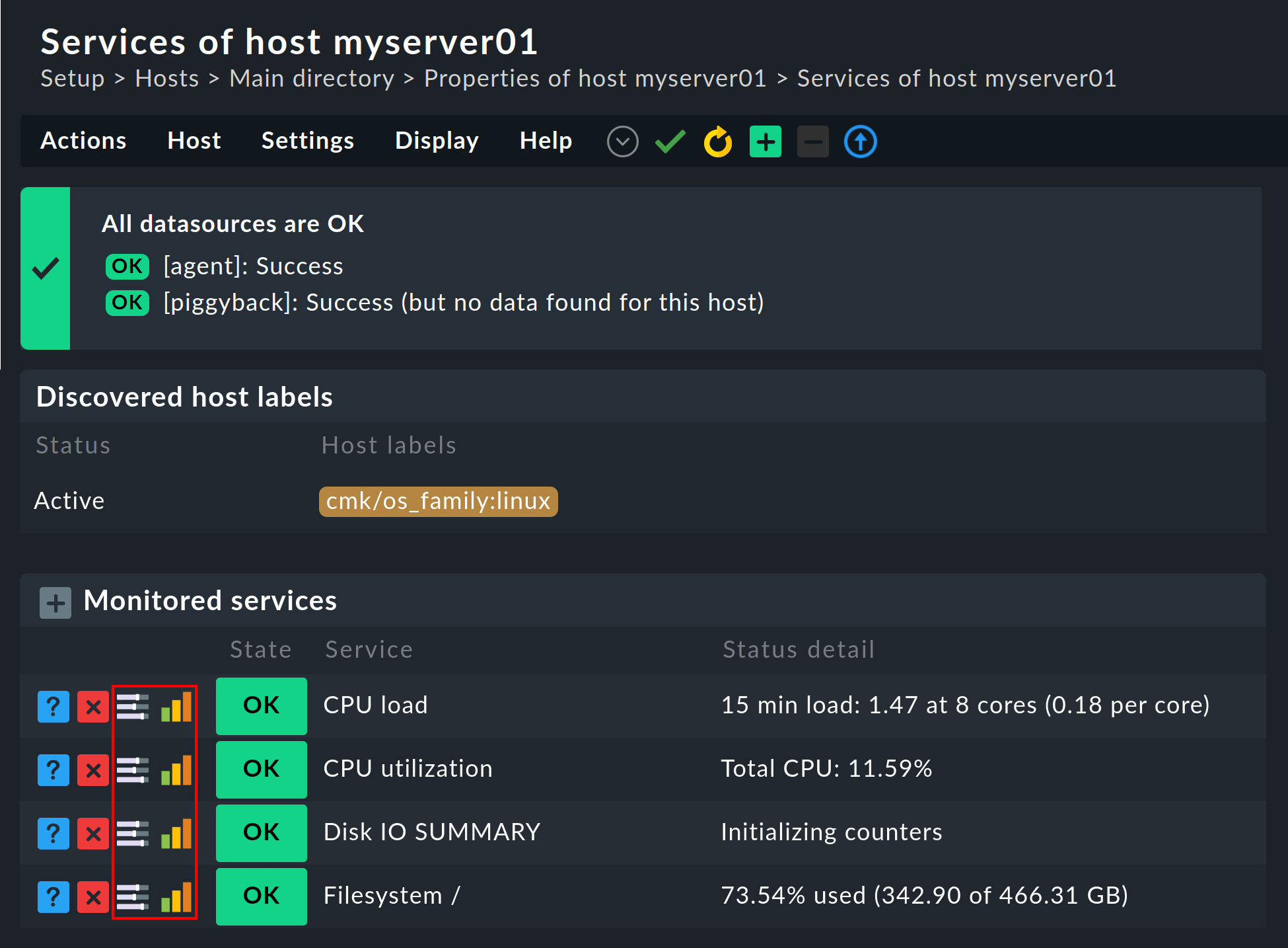 Services list in the Setup with the icons to call the parameters.