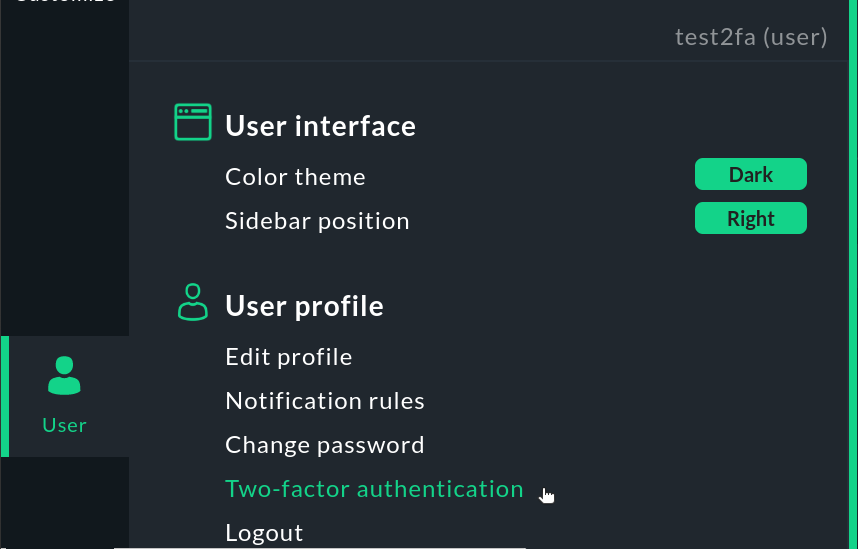 Selecting two-factor authentication from the User menu.
