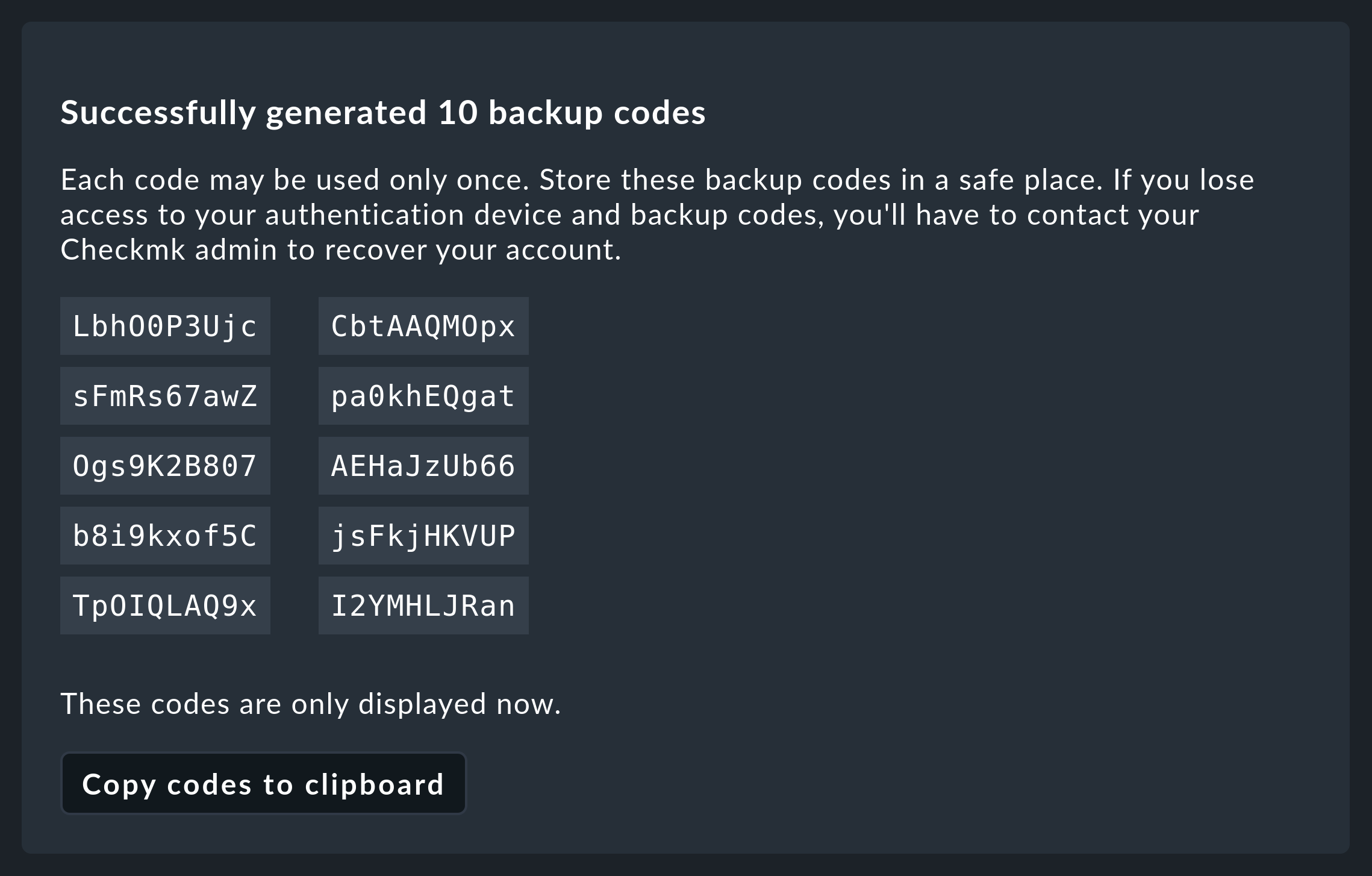 Display of the generated backup codes.