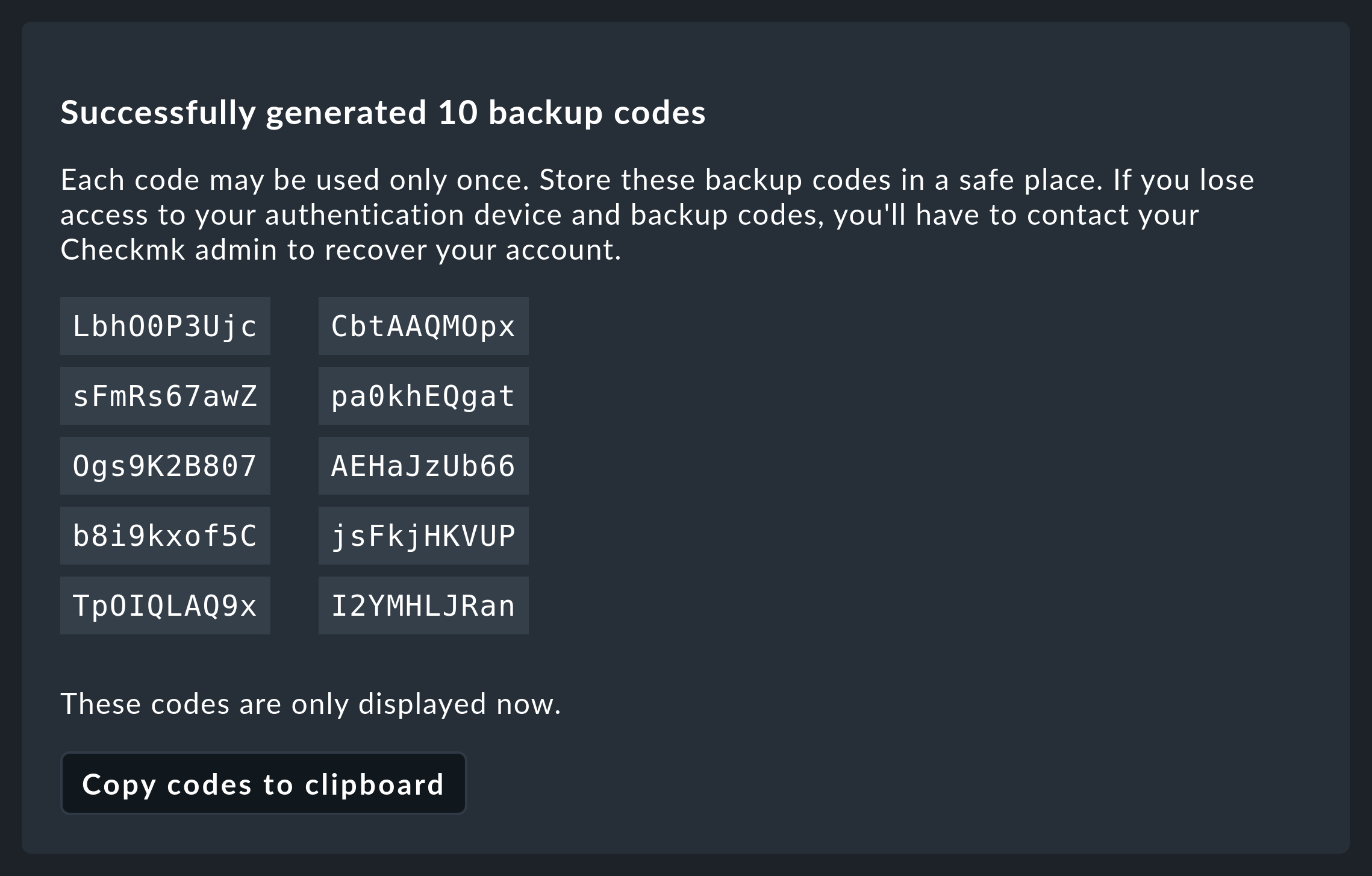 Display of created backup codes.