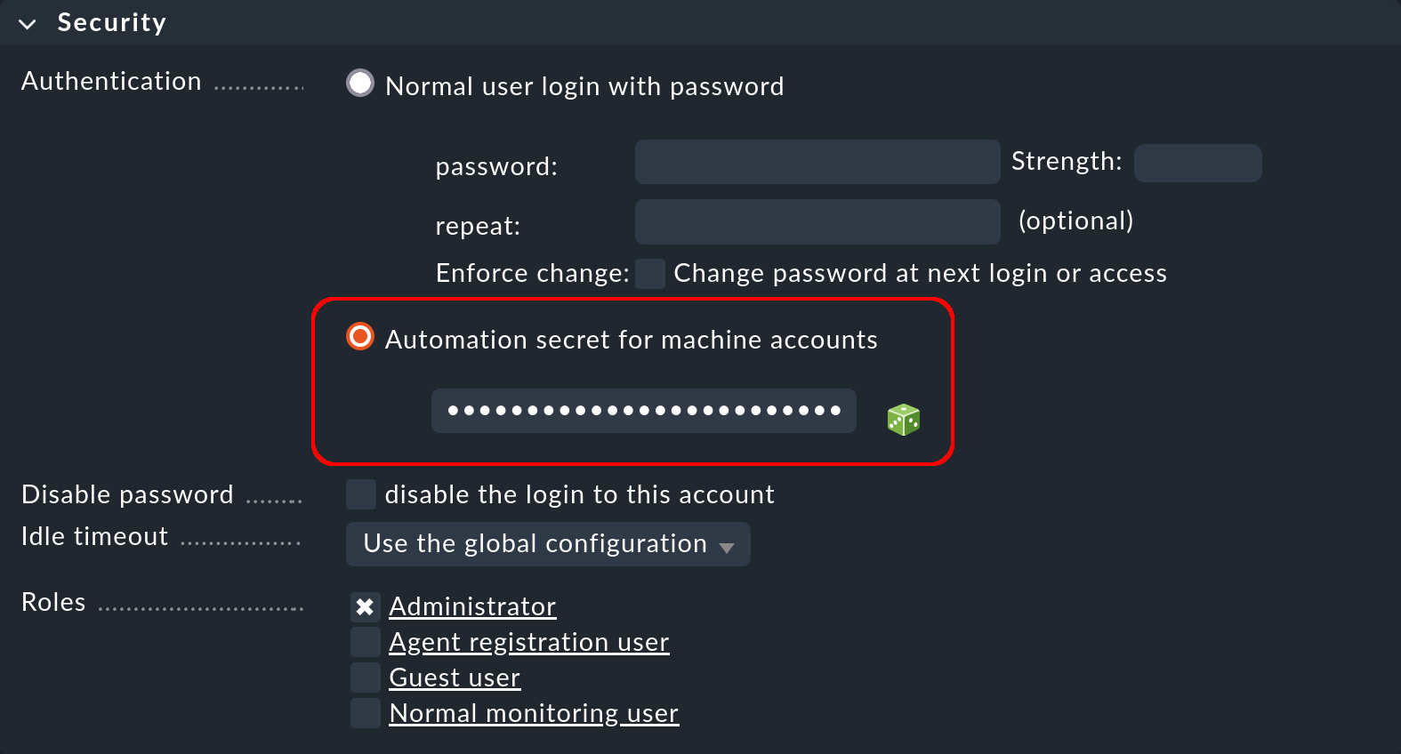 Automation user security settings.