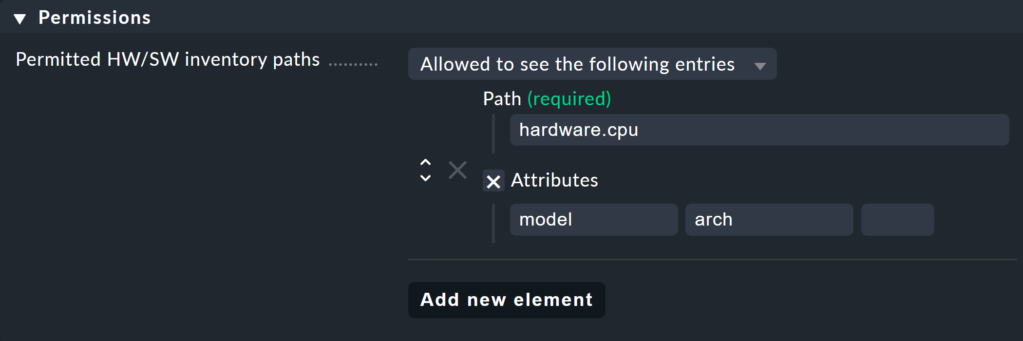 Dialog for visibility of inventory data with CPU filter.