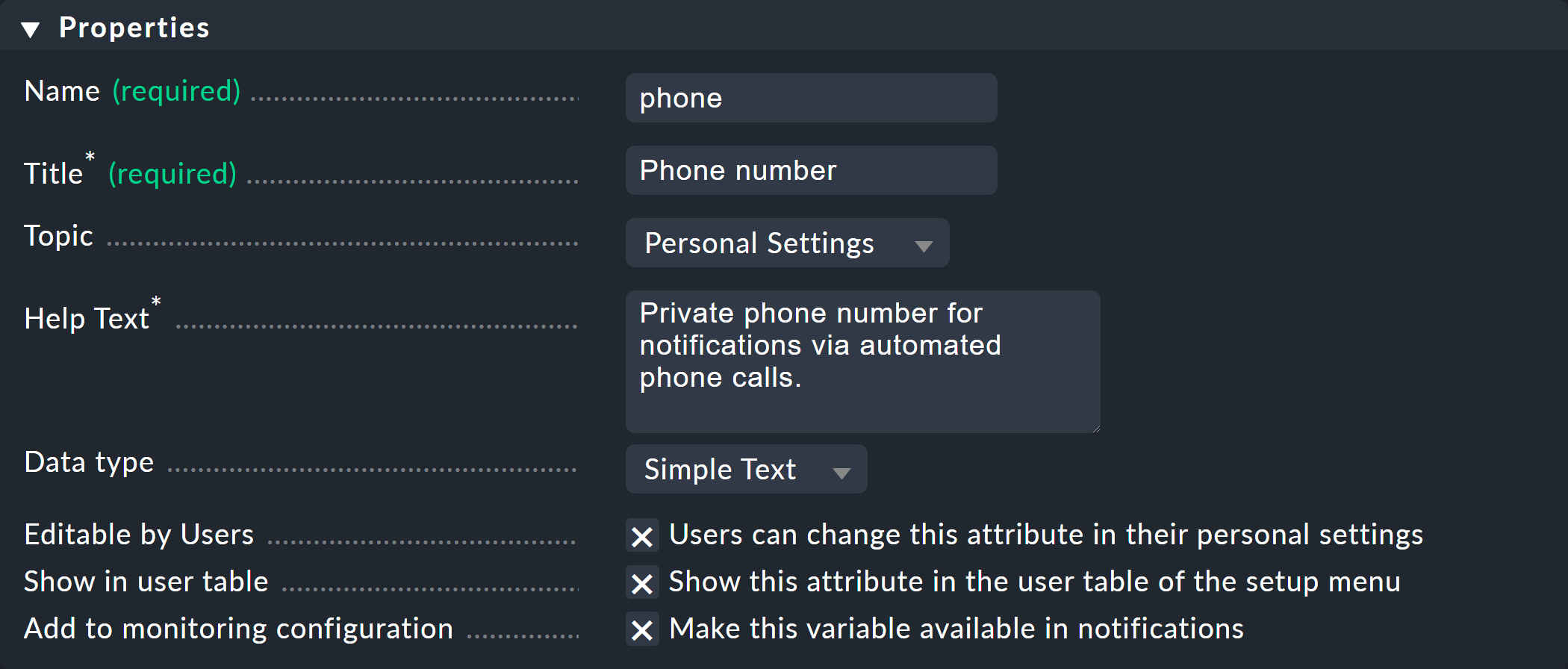 Dialog for custom attributes.