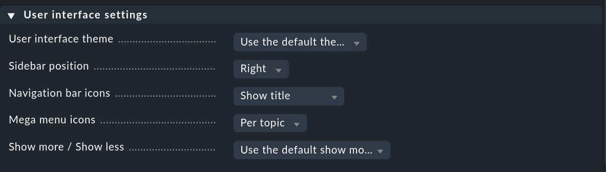 Dialog for a user's interface settings.