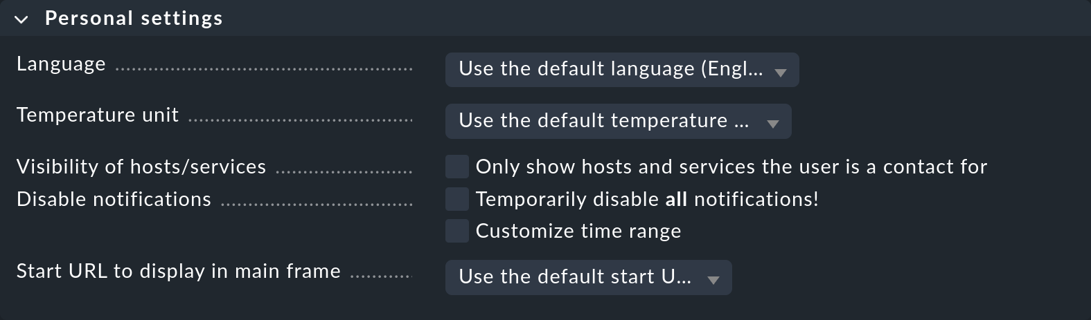 Dialog for a user's personal settings.